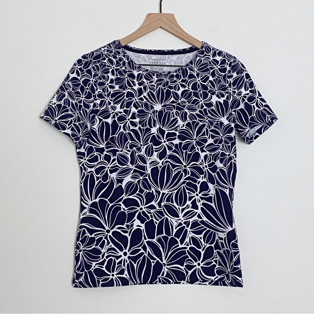Talbots Navy White Floral Short Sleeve Tee Shirt Top - Small